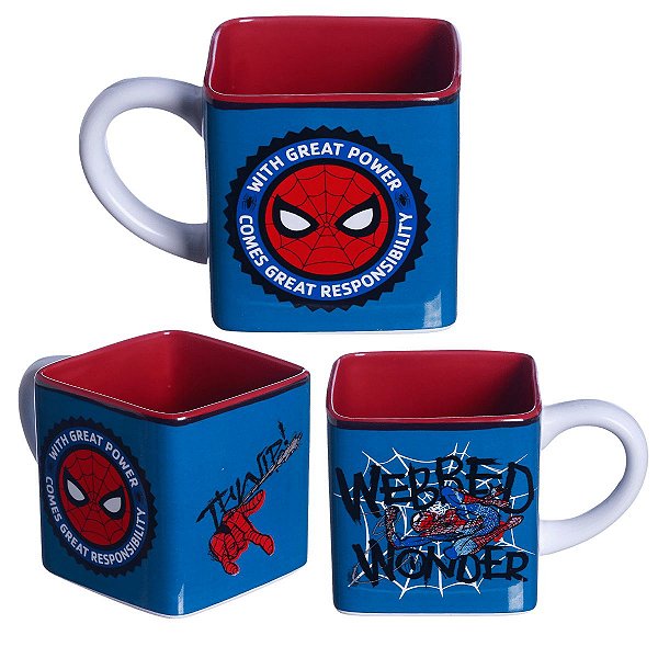Caneca Homem-Aranha Spider-Man 3D Cubo Quadrada Cerâmica 300ml Oficial Marvel