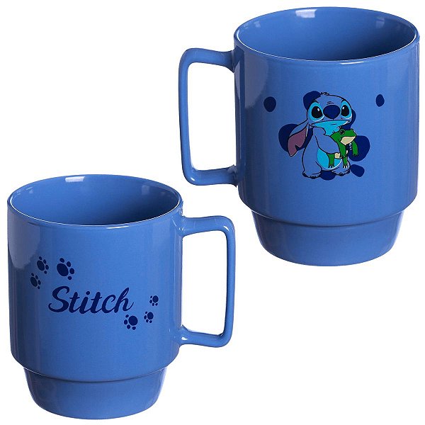 Caneca Stitch Empilhável Porcelana Azul 400ML Oficial Disney