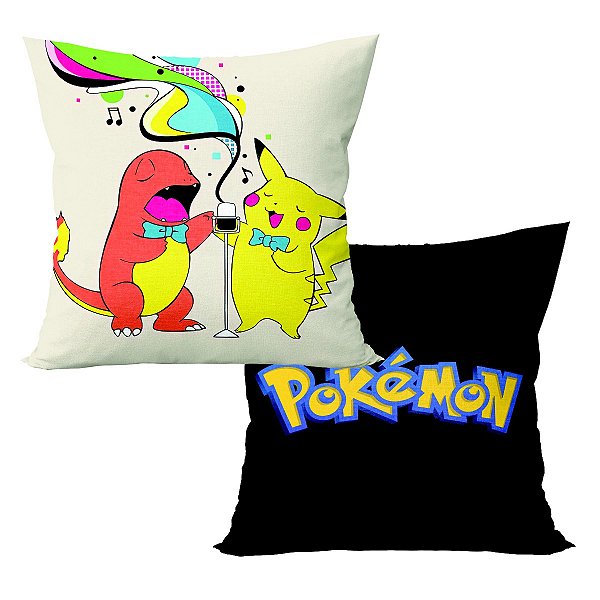 Almofada Pokémon Charmander e Pikachu Cantando Aveludada Quadrada 40cmX40cm