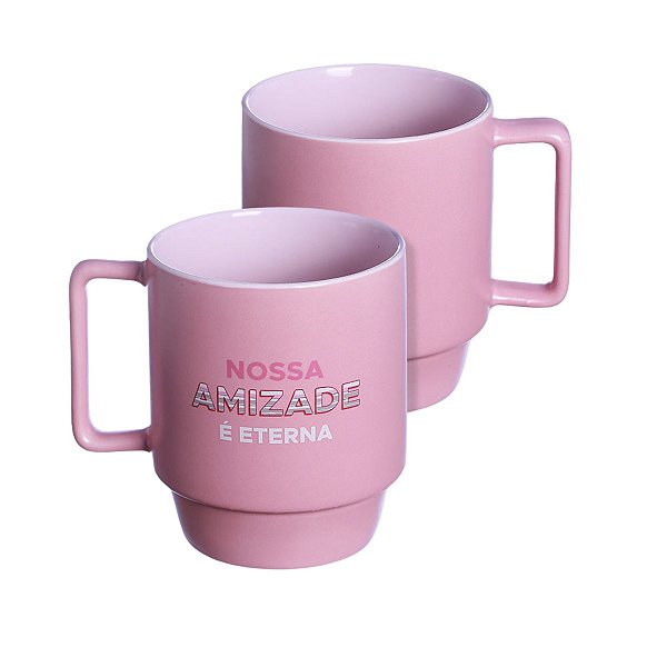 Caneca Nossa Amizade é Eterna Empilhável Porcelana Rosa 400ML