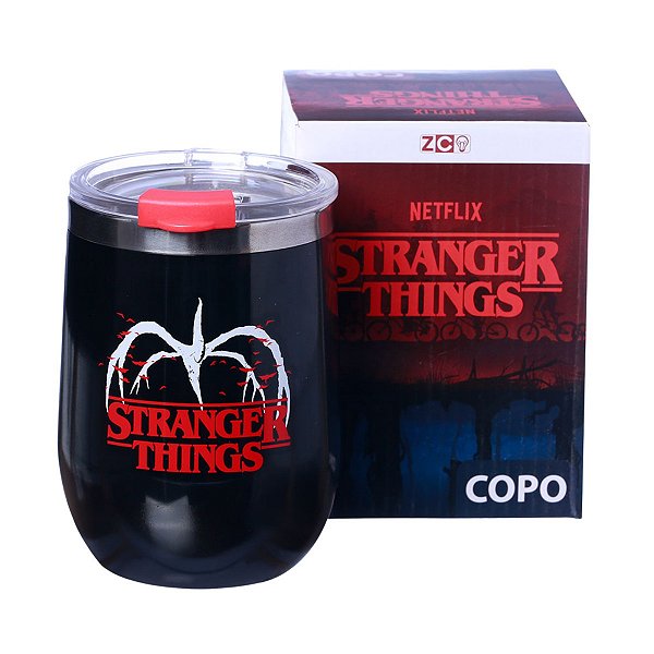 Copo Stranger Things Semi-térmico Preto 400ML Com Tampa Para Viagem Oficial Netflix