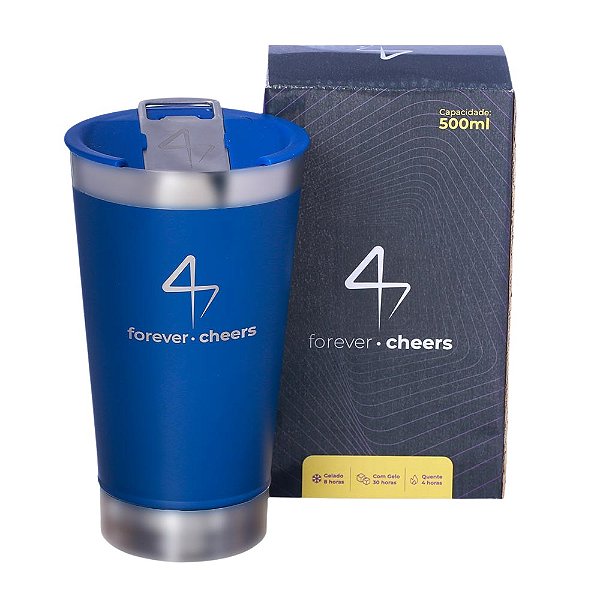 Copo Térmico Zona Criativa Forever Cheers Gelado E Quente 500ml Azul Com Tampa E Abridor De Garrafas Original