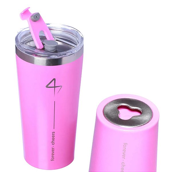 Copo Térmico Zona Criativa Forever Cheers Gelado E Quente 500ml Rosa Com Tampa E Abridor De Garrafas Original