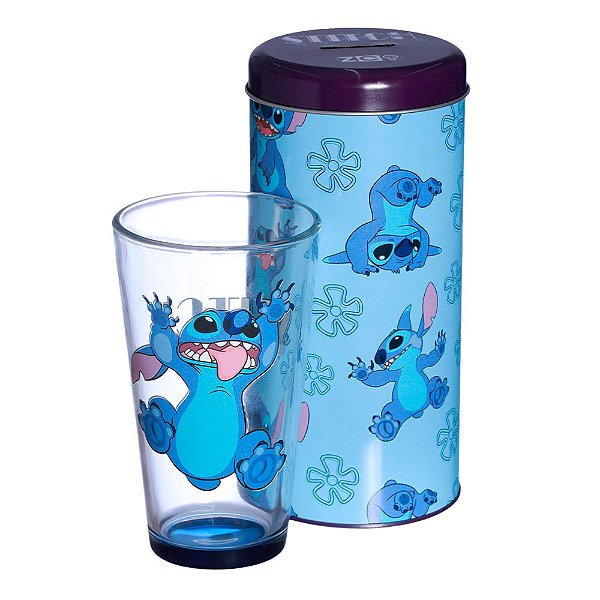 Stitch Kit Copo De Vidro 500ml + Cofre Metal Oficial Disney