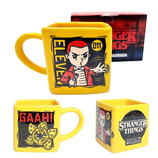 Caneca Stranger Things Demogorgon 3D Cubo Quadrada Cerâmica Amarela 300ML Oficial Netflix