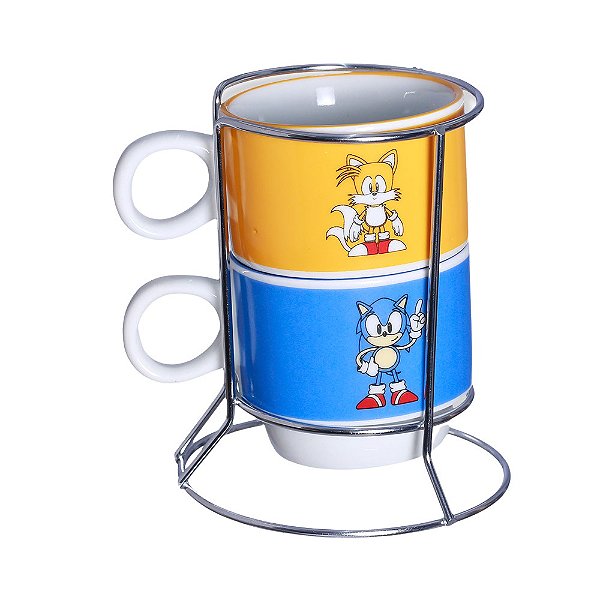 Sonic Torre Com 2 Canecas De Porcelana + Suporte Metal Oficial SEGA