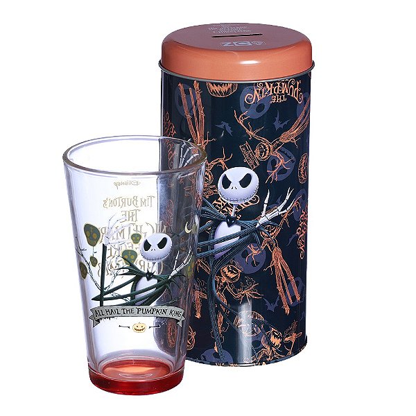 Jack Skellington Esqueleto Kit Copo De Vidro 500ml + Cofre Metal Oficial Disney