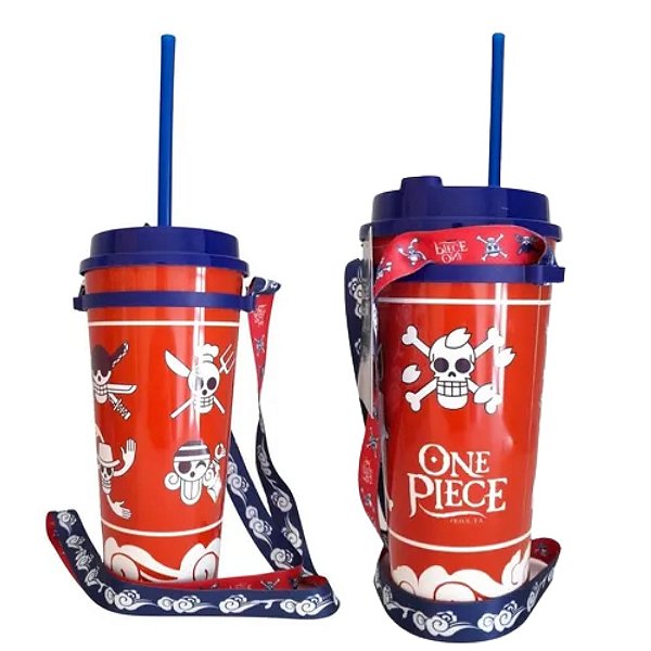 Copo Com Canudo One Piece Vermelho Azul 1000ML Com Fita Oficial Toei