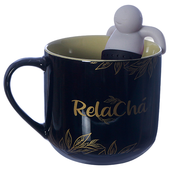 Caneca RelaChá Com Boneco Infusor Chá Cerâmica Preta 350ml