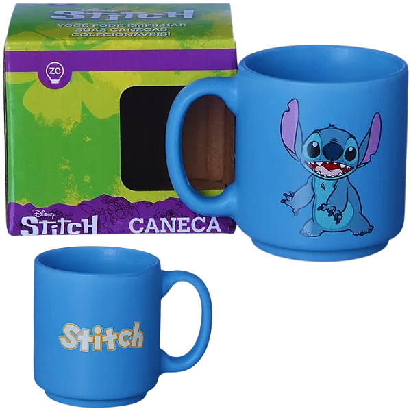 Mini Caneca Stitch Azul Café Expresso Empilhável Cerâmica 100ML Oficial Disney