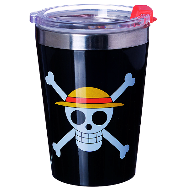 Copo Caveira Chapéu Monkey D. Luffy Térmico Quente Gelado 300ml Com Tampa Oficial One Piece