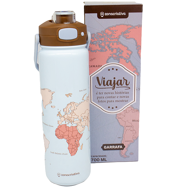 Garrafa Viajar Mapa Mundi Térmica 6 Horas Quente Gelada Grande Azul 700ml Com Alça Trava Segurança