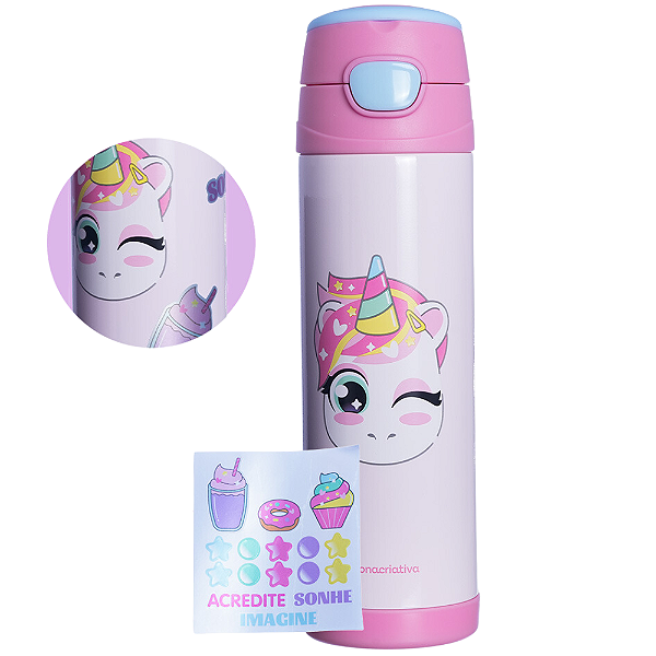 Garrafa Unicórnio Térmica 6 Horas Quente Gelada Rosa 500ml Com Cartela Adesivos Personalização