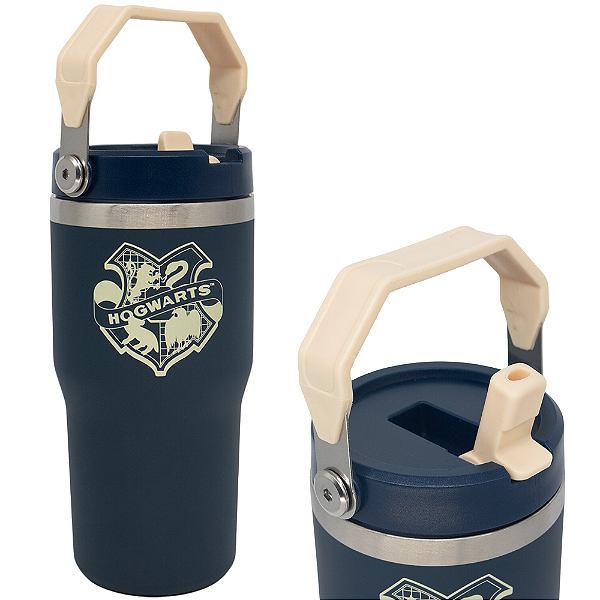 Copo Térmico Hogwarts Gelado Quente 4 Horas 650ml Com Tampa Canudo Alça Oficial Harry Potter