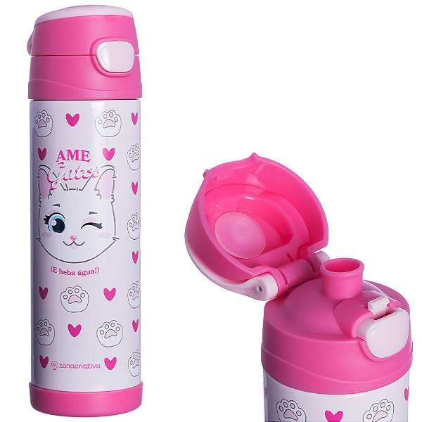 Garrafa Ame Gatos Gatas Térmica 6 Horas Quente Gelada Rosa 500ml Com Trava