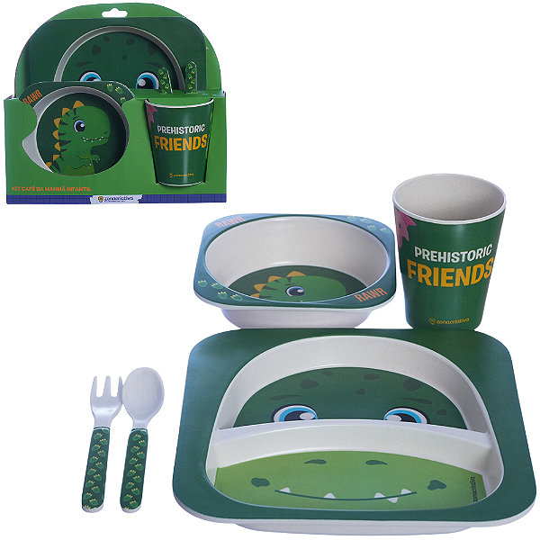 Dinossauro Kit Refeição Infantil Fibra Bambu E Melamina Bowl + Prato + Copo + Garfo E Faca