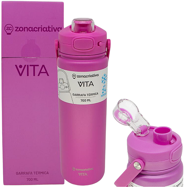 Garrafa Vita Quartzo Térmica 12 Horas Quente Gelada Grande Rosa 700ml Com Alça Trava Segurança