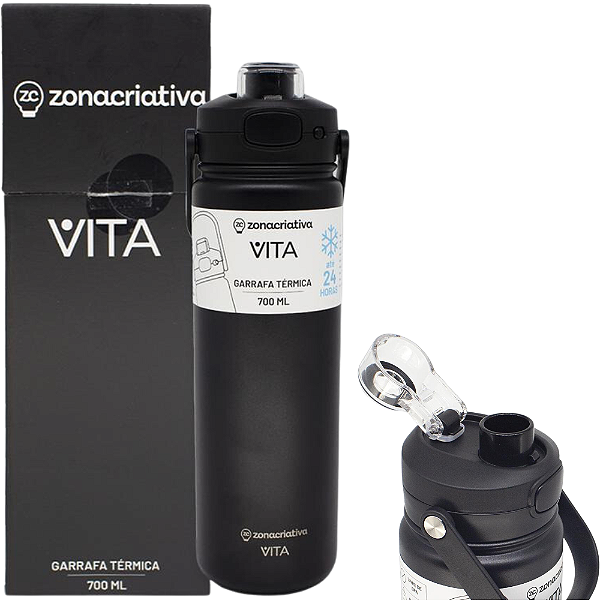 Garrafa Vita Nanquim Térmica 12 Horas Quente Gelada Grande Preta 700ml Com Alça Trava Segurança