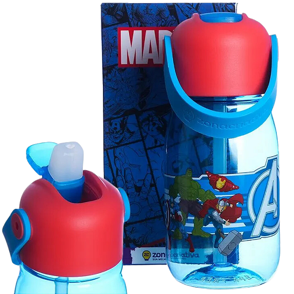Garrafa Vingadores Hulk Thor Homem Ferro Capitão América Infantil Com Canudo Silicone Alça 400ml BPA Free Oficial Marvel