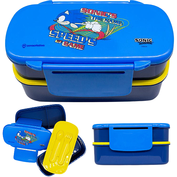 Sonic Marmita Lancheira Infantil Com Garfo E Faca BPA FREE Com 3 Divisórias 800ml Oficial Sega