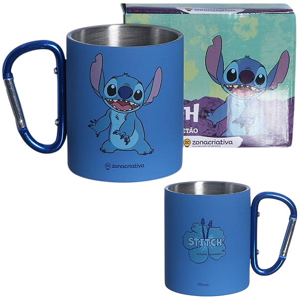 Caneca Stitch Aço Inox Azul Com Mosquetão Oficial Disney