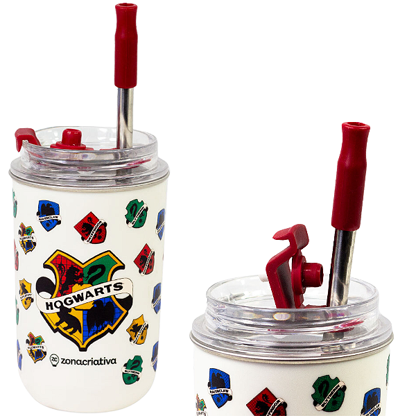 Copo Hogwarts Grifinória Lufa-lufa Sonserina Corvinal Térmico Quente Gelado 300ml Com Tampa E Canudo Oficial Harry Potter