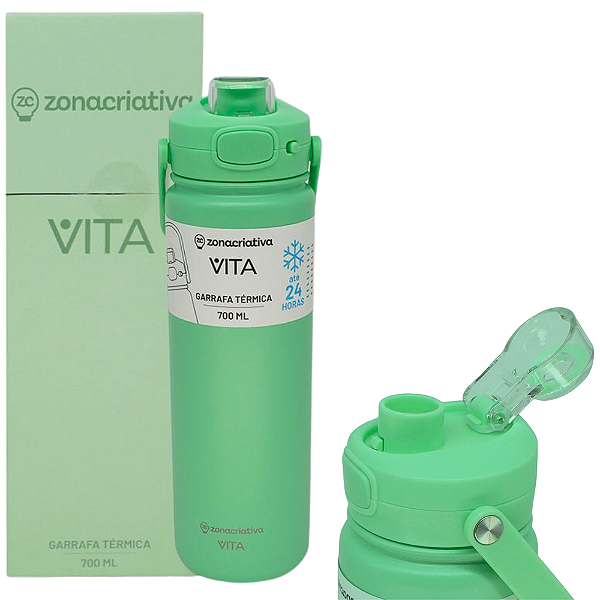 Garrafa Vita Pistache Térmica 12 Horas Quente Gelada Grande Verde 700ml Com Alça Trava Segurança