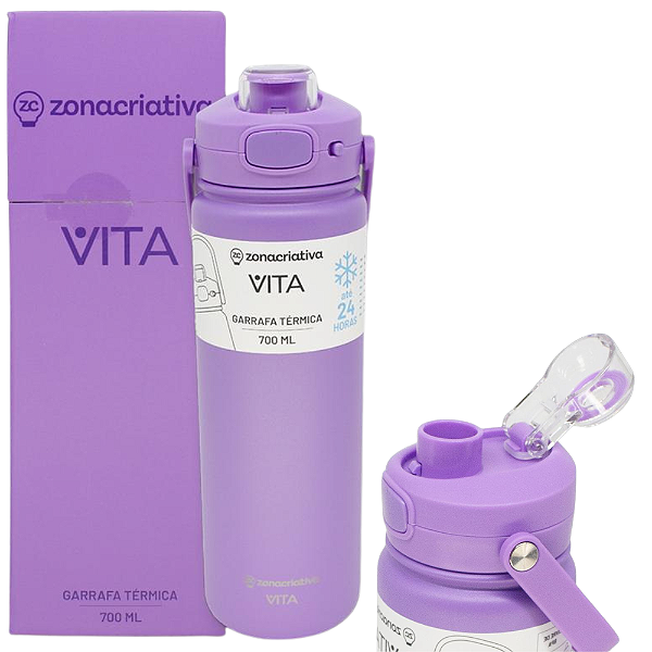 Garrafa Vita Açai Térmica 12 Horas Quente Gelada Grande Lilás 700ml Com Alça Trava Segurança
