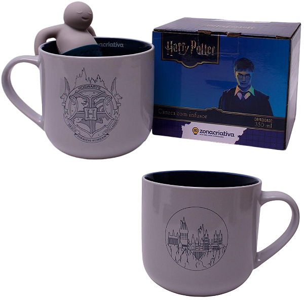 Caneca Castelo Hogwarts Com Boneco Infusor De Chá Cerâmica Oficial Harry Potter