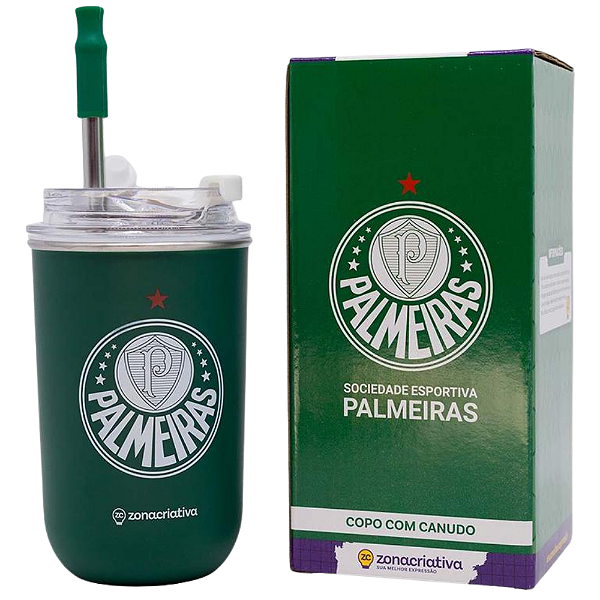 Copo Palmeiras Térmico Quente Gelado 300ml Com Tampa E Canudo Oficial Verdão