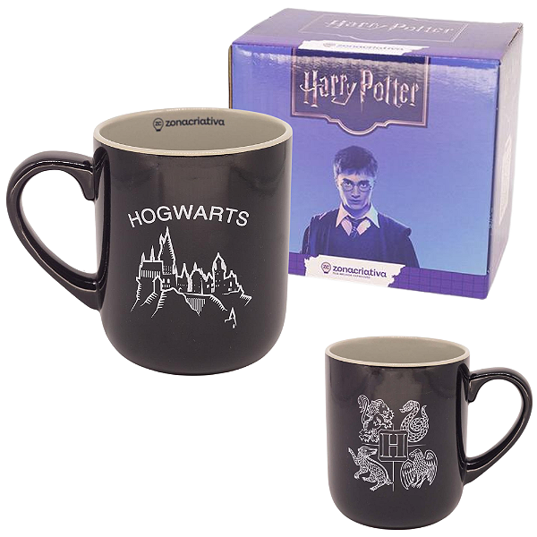 Caneca Harry Potter Hogwarts De Porcelana Preta e Cinza 400ml Oficial W.B