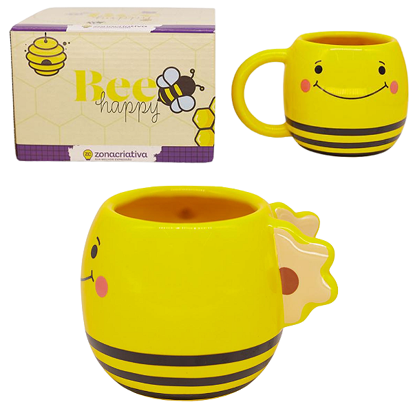 Caneca 3D Abelha Abelhinha Cerâmica Amarela 500ml
