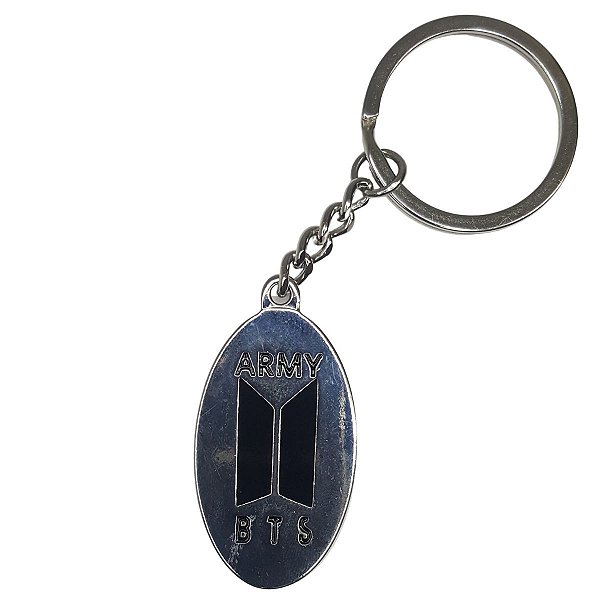 Chaveiro BTS Army Preto Com Nome Do Grupo Em Metal Oval