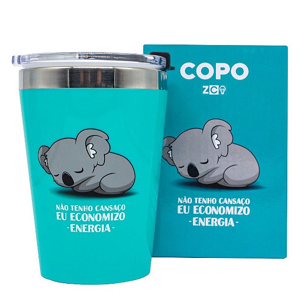Copo Coala Bicho Bichinho Semi-térmico Aço Inox Azul Com Tampa 300ML