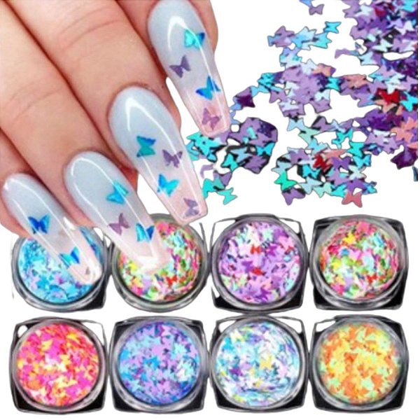 Kit 12 Potinhos Glitter Borboleta Unhas Decoração Porcelana