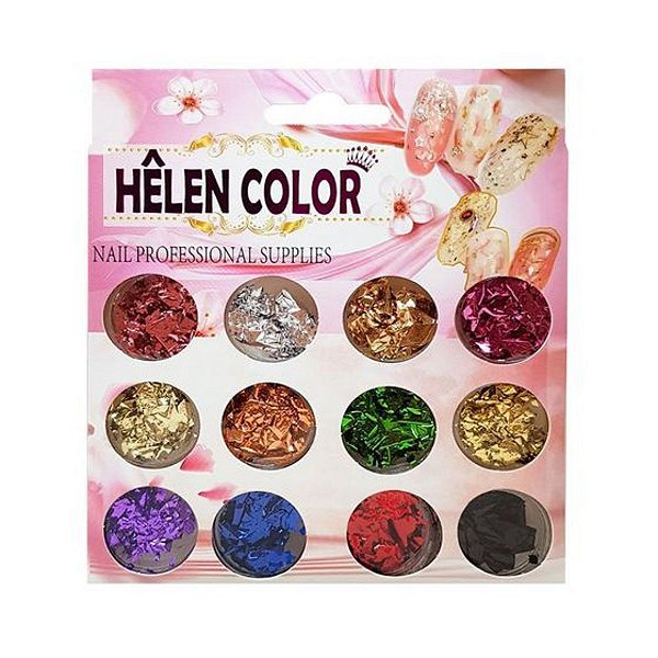 Kitt com 12 Folhas de Ouro Decoração Unhas Helen Color