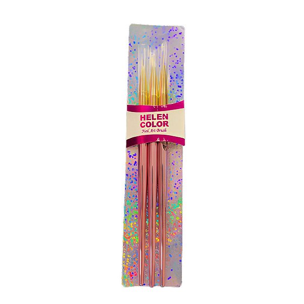 Kit 3 Pincel Unha Helen Color Ponta Fina Rose Gold