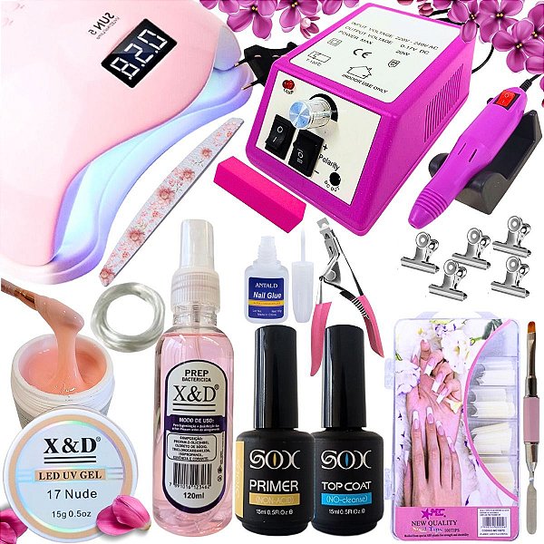 Kit Unhas gel Alongamentos Fibra Cabine Lixadeira Gel Motor