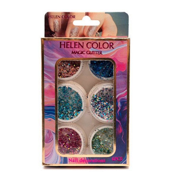 Kit 6 Magic Glitters Mix Helen Color Unhas Gel Design,,