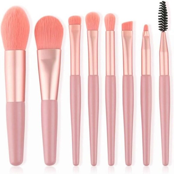 Kit 8 Mini Pinceis Para Maquiagem + Estojo Transparente Para Viagem pincel conjunto base blush Rosa