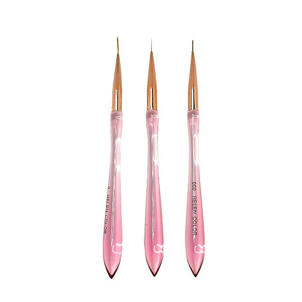 kit 3 pincel unha helen color fino decoração rosa