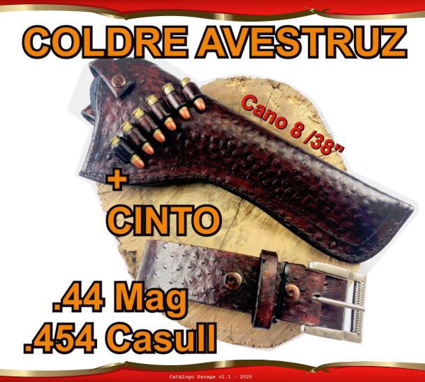 Coldre + Cinto Couro Avestruz Revólver .44 Mag .454 Casull Cano 8" 3/8'