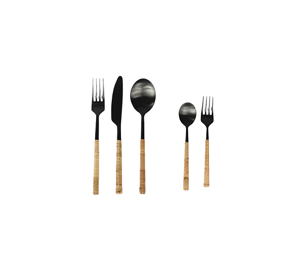 Jogo De 5 Talheres Maya Em Aço Inox Black e Rattan