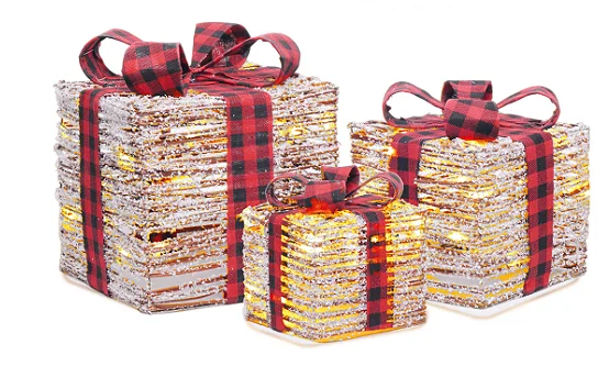 Caixa De Presente Nevadas com Laço Xadrez e Led 29x26x26cm