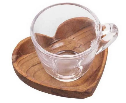 Jogo De 6 Peças Xicara Café C/Pires De Madeira Coração 75ml