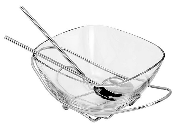 Saladeira de Vidro com Base e Talheres de Prata Transparente 11x8cm