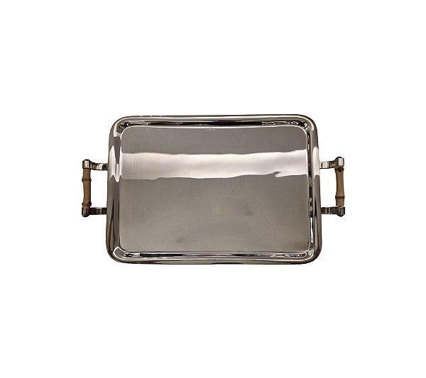 Bandeja Retangular Em Prata Com Alça Bambu 40x29cm