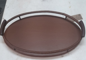 Bandeja Oval Em Metal E Couro Marrom Havana 50x32cm