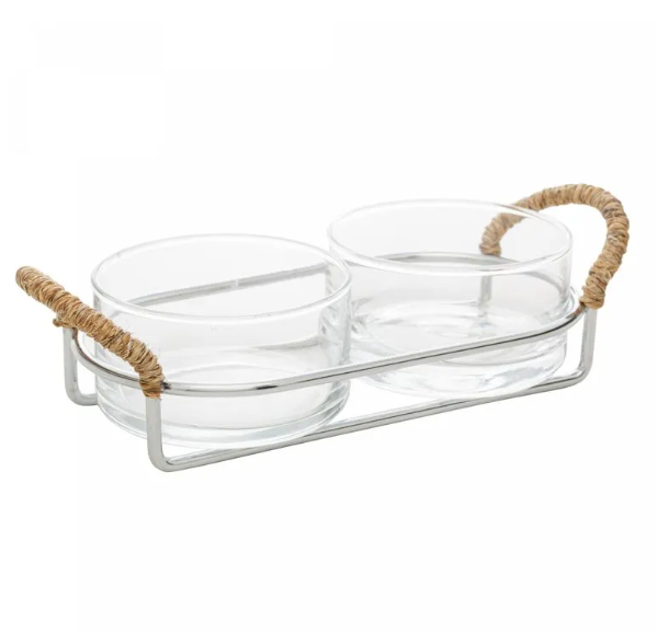 Petisqueira de Vidro Dupla com Suporte e Alça em Sisal Nature 23,5x10,5x6cm Wolff