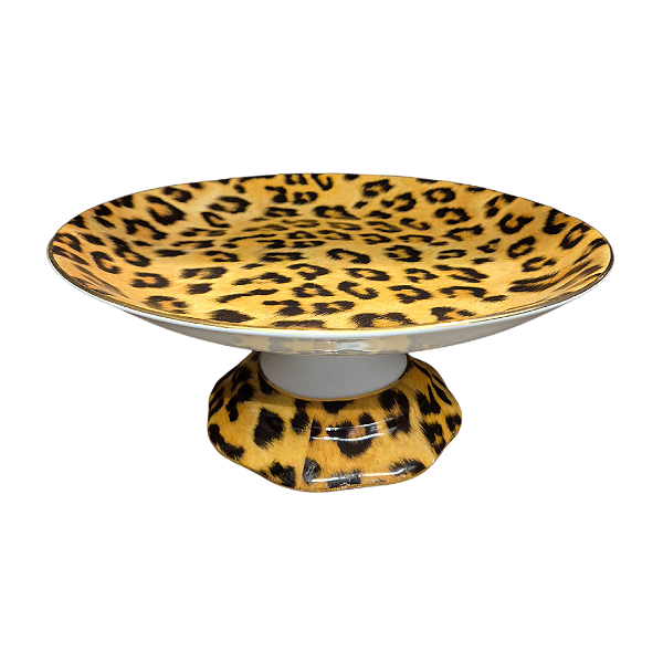 Fruteira Boleira Com Pé Em Porcelana Onça Safari Lacorte
